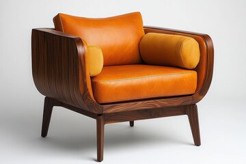 Mid-Century Modern Armchair: A stylish and comfortable armchair in burnt orange leather upholstery and rich walnut wood frame. The chair features a unique curved design and plush cushions.