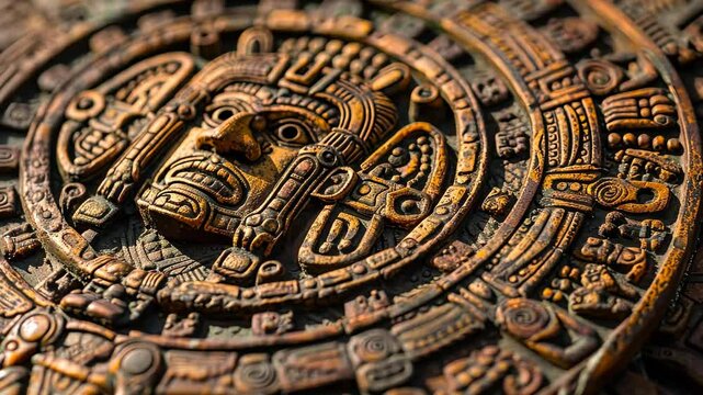 The detailed Aztec calendar showcases elaborate carvings depicting celestial symbols and figures, reflecting the ancient civilization's rich cultural heritage and artisanship.
