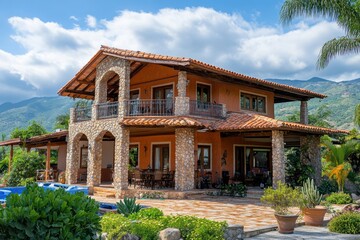 Fototapeta premium Luxury villa with stone accents, nestled in mountains.