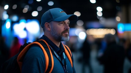 Man at trade show, networking, blurry background, pensive expression, professional event
