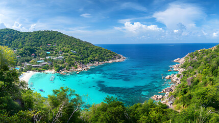 Fototapeta premium Beautiful ocean with a blue sky and white clouds in the background, beautiful sea water, wide-angle, wide shot, panoramic photo, blue-green color tone, blue sky and white cloud background, beautiful 