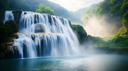 Naklejka premium Majestic waterfall cascading down rocky tiers into serene water