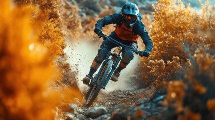Naklejka premium Mountain biker maneuvers through autumn trail, sunlight and dust