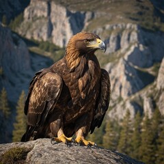 Obraz premium A golden eagle perched on a rock ledge, surveying the land below. Wedge-tailed Eagle Eagle bird a sitting on a rock overlooking a valley and a river