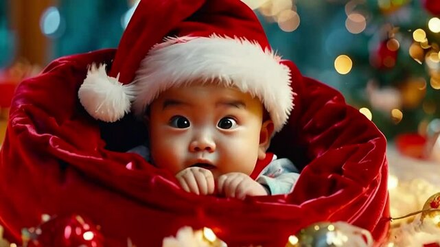 Portrait of cute baby Santa Claus in red traditional costume