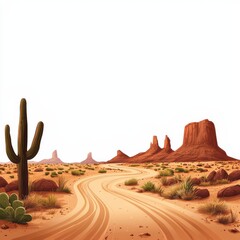 A serene desert landscape featuring a winding dirt path, cacti, and towering rock formations under a clear sky.