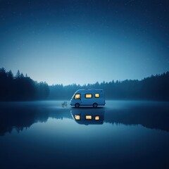 A serene camper van rests on a still lake at night, surrounded by dark trees and illuminated by soft glowing lights.