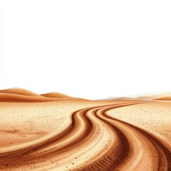 A winding dirt road cuts through a vast, sandy desert landscape, creating a sense of adventure and exploration under a bright sky.