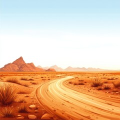A winding dirt road leads through a vast desert landscape, dotted with sparse vegetation and distant mountains under a clear blue sky.