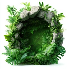 A circular stone arch adorned with vibrant green ferns and leaves, creating a natural, lush entrance to a serene environment.