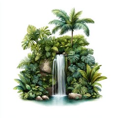 A serene tropical scene featuring lush greenery, palm trees, and a cascading waterfall, embodying tranquility and natural beauty.