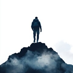 A solitary figure stands atop a mountain, shrouded in mist, symbolizing adventure, exploration, and the journey toward personal achievement.