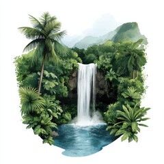 A serene waterfall cascades into a tranquil pool, surrounded by lush greenery and tropical plants, creating a peaceful natural oasis.