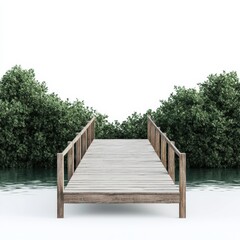 A serene wooden dock surrounded by lush greenery, extending over calm water, inviting relaxation and connection with nature.