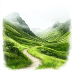A serene valley with lush greenery and a winding path, surrounded by misty mountains and a tranquil atmosphere.