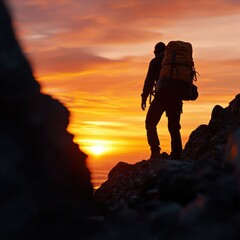 A silhouetted hiker stands on rugged terrain, overlooking a vibrant sunset at the horizon, showcasing the beauty of nature and adventure.
