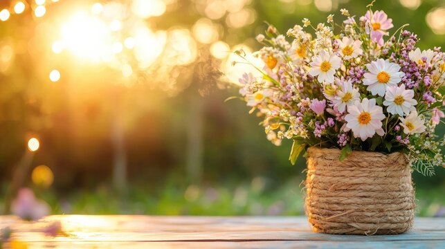Bouquet of wildflowers in a rustic basket, sunny outdoor setting