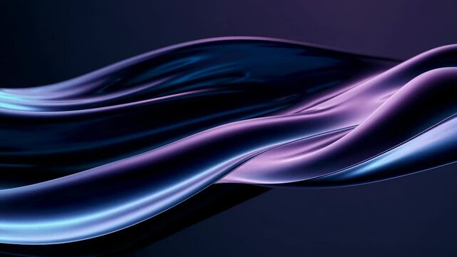 Abstract video concept with smooth, flowing metallic waves in purple and blue hues. Low-angle shot emphasizes fluidity and elegance.
