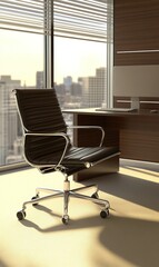Empty office chair by window with city view at sunset