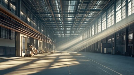 Fototapeta premium sunbeams illuminate industrial warehouse interior
