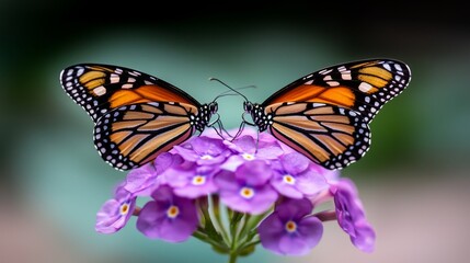 Obraz premium two monarch butterflies perched atop a vibrant purple flower, with a blurred background