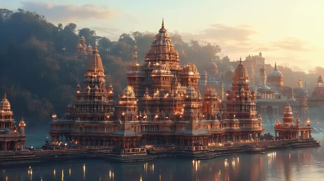 Golden temple city sunrise, calm lake, misty hills, fantasy architecture, tourism
