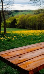 Naklejka premium Empty wooden table overlooking a field of dandelions and a rolling green hillside