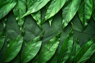 Fototapeta premium A vibrant collection of lush green leaves arranged artfully on a dark green backdrop.