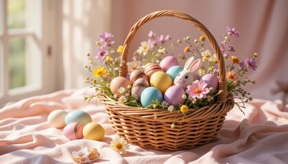 A charming wicker basket decorated with pastel Easter eggs and colorful flowers, creating a delightful spring ambiance perfect for festive celebrations.