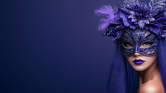 Woman in purple mask and veil poses against violet background, festive glamour