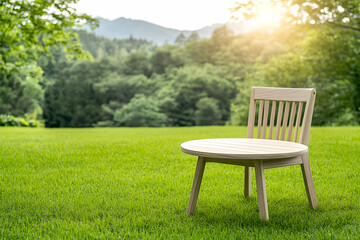 Obraz premium Wood chair on green grass lawn with forest and mountain background. Outdoor use