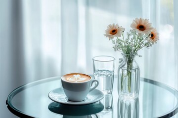Stylish coffee setup featuring espresso and water glass cozy home environment lifestyle photography bright natural light inviting vibe emphasizing coffee culture