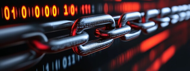Fototapeta premium Digital chain of blocks with binary code background, representing blockchain technology, cybersecurity, and data protection in a decentralized network.