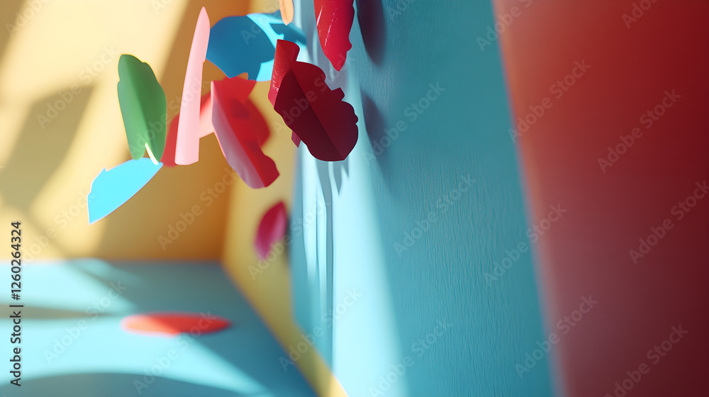 Poster dynamic paper cutouts in colorful setup studio art installation creative environment close-up perspe