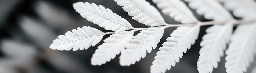 Naklejka premium Delicate fern leaves display intricate textures in a close-up composition, set against a soft blurred background that enhances high-end minimalist elegance in striking black and white