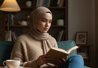 Young Muslim Woman in Hijab Reading a Book at Home in Cozy Atmosphere