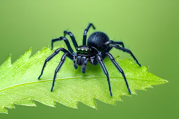 Obraz premium Black jumping spider with green eyes resting on the bright green leaf, closeup