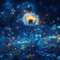 Fototapeta premium Illuminated dandelion in magical night meadow