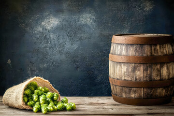 A rustic wooden barrel and a burlap sack spilling fresh green hops on a wooden surface