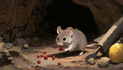 Mouse Eats Red Berries in Cave, Small Rodent Hiding,  Nocturnal Creature, Wild Animal, Forest Habitat, Tiny Mammal,  Cute,  Nature, Wildlife, Burrow