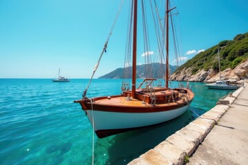 Classic sailboat tied to weathered dock, crystal-clear blue water , sea, ship, retro