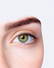 Obraz premium Close-up green human eye detail on white background, for vision, eyesight use
