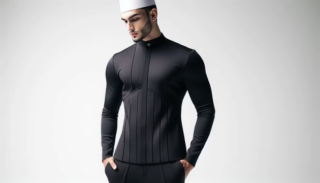 A young man in a sleek black tunic with minimalist design and a high collar, paired with slim-fit trousers