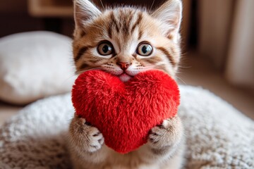 Kurilian bobtail - my beloved cat, symbol of care. Cute kurilian bobtail baby cat with fluffy red heart at cozy dwelling. Ad critter visual idea. Cat and lovely valentine's setup. Pet romance.