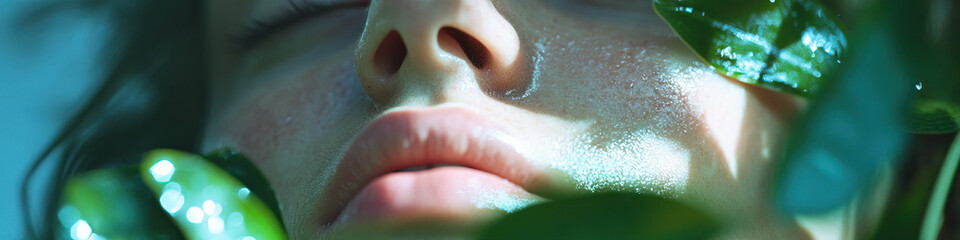 Fototapeta premium Close-up of Face Partially Obstructed by Green Leaves