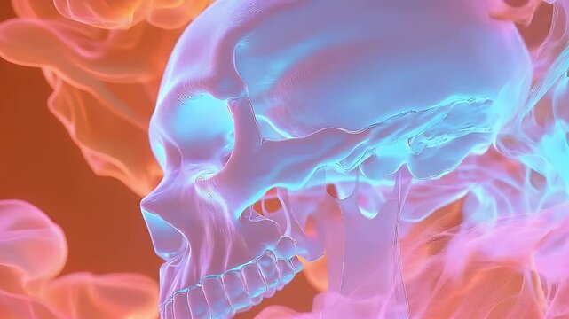 Neon skull amidst swirling smoke, digital art; album cover, medical illustration
