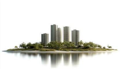 Fototapeta premium Modern city buildings with contemporary architecture, isolated on a white background, symbolizing urban development, real estate, and infrastructure.