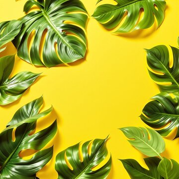 Tropical Monstera Leaves on Vibrant Yellow Background, generator AI