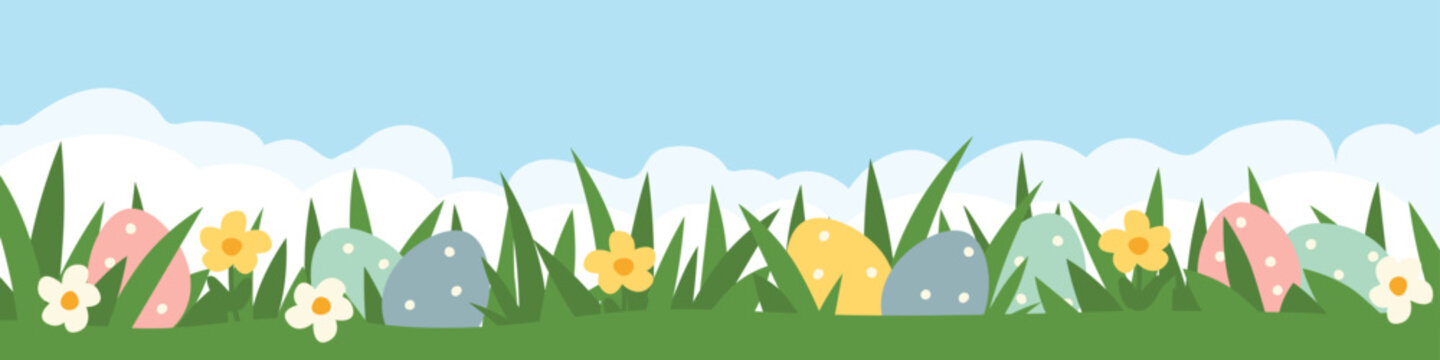 colorful easter eggs in the grass; concept of egg hunt which is a game typically played during Easter- vector illustration