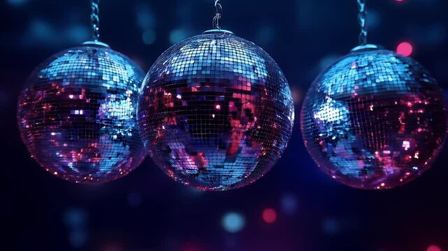 Three disco balls hanging, party night, colorful bokeh background, festive celebration